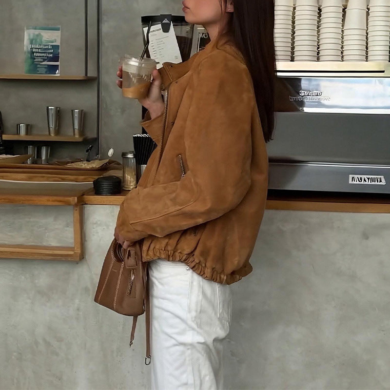 Retro Solid Color Polyester Jacket - Loose Fit