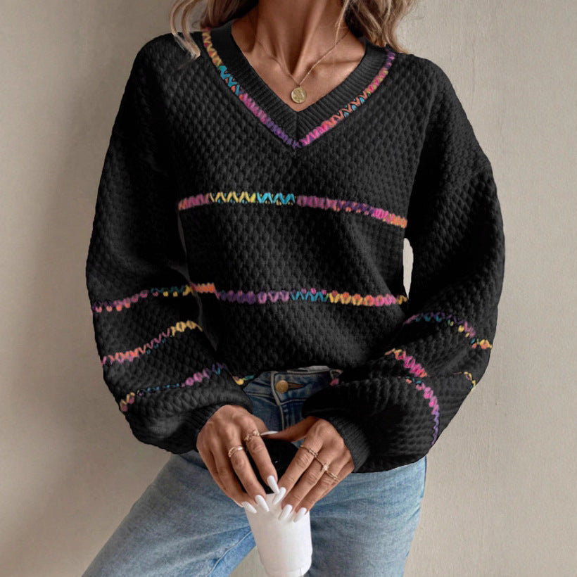Women's V-Neck Contrast Pullover Sweater