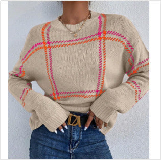 Women's Plaid Color Block Crew Neck Sweater