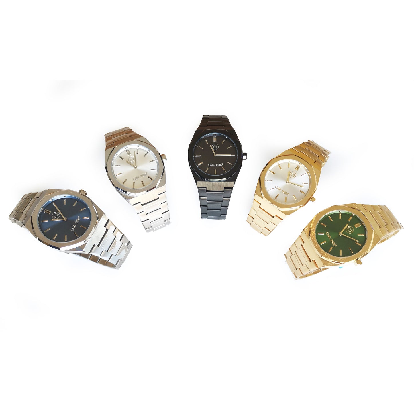 Five watches in different styles and colors on a white background