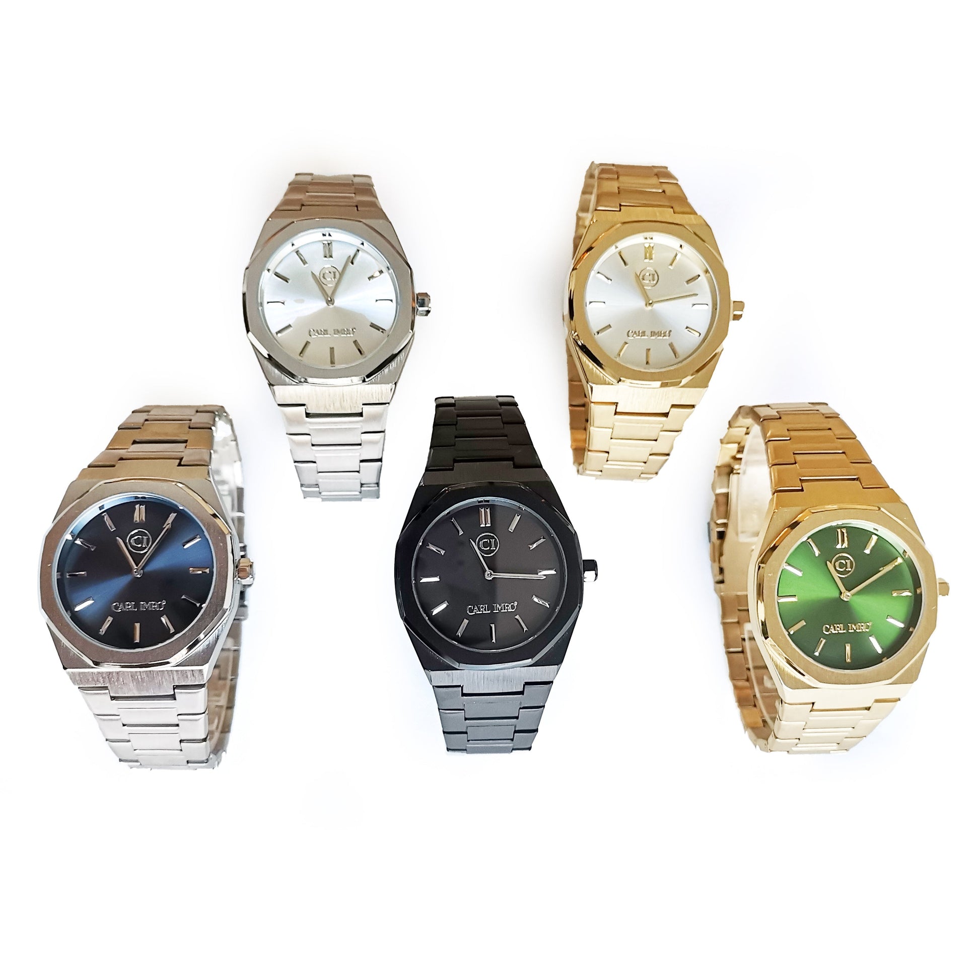 Five watches in different colors and designs on a white background