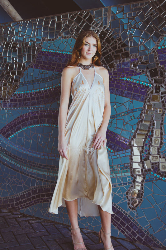 Altair Silk Halter Dress Dueling Jaguars - Luxury Women's Designer Silk Dress - Style Queenz