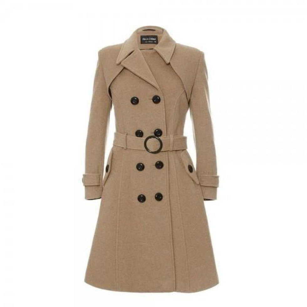 Beige trench coat with black buttons on a white background
