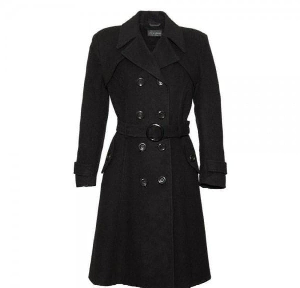 Black trench coat on a white background with 'De La Creme Fashions' branding.