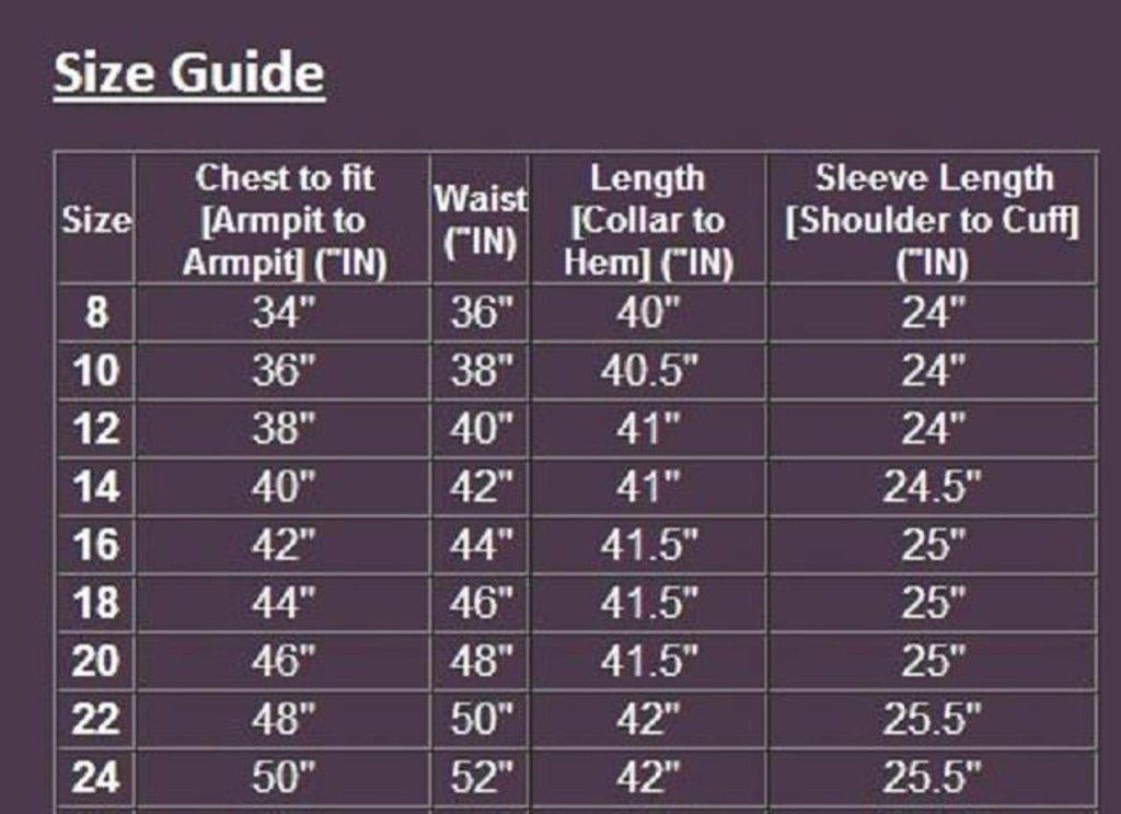 Size guide chart for clothing with measurements in inches on a dark background