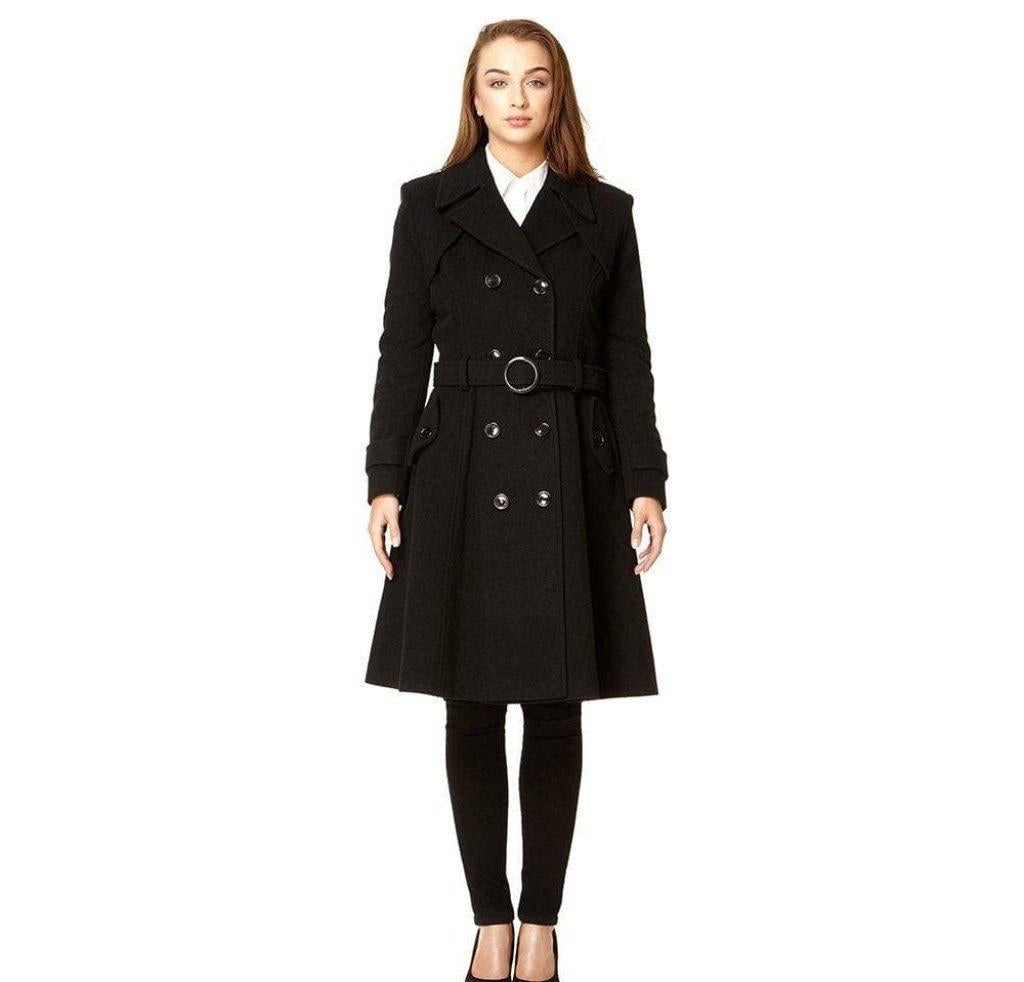 Woman wearing a black coat with a belt on a white background