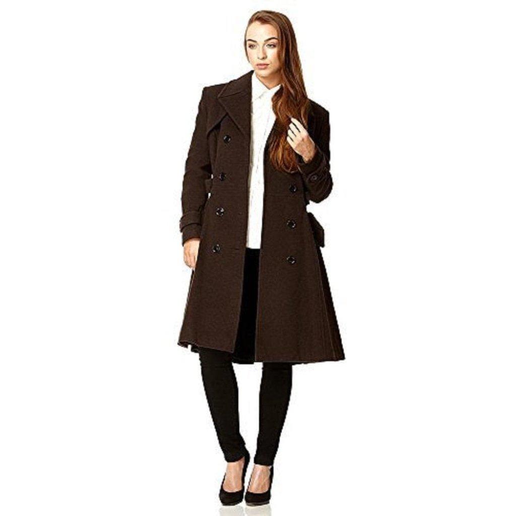 Woman wearing a brown coat on a white background