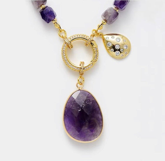 Amethyst Crystal Pendant Necklace - Handmade Bohemian Gold Plated Chain - Style Queenz