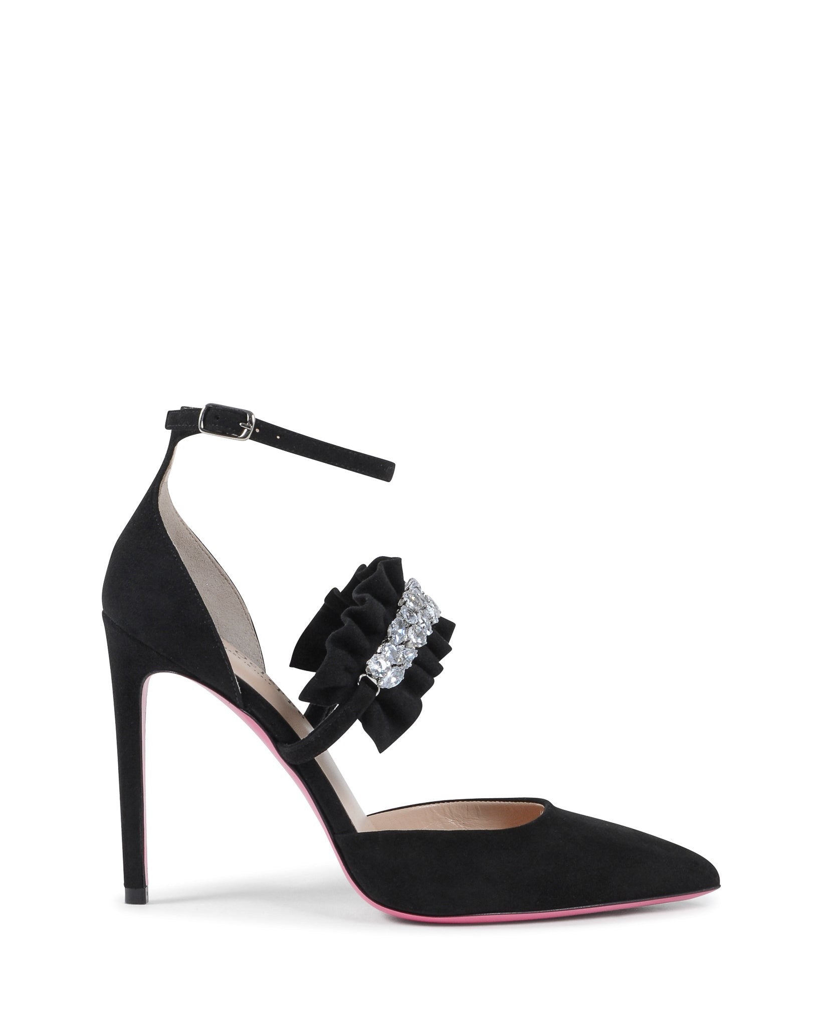 Ankle Strap Brilliant Pump Black - Italian Suede Satin 10cm Heel - Style Queenz