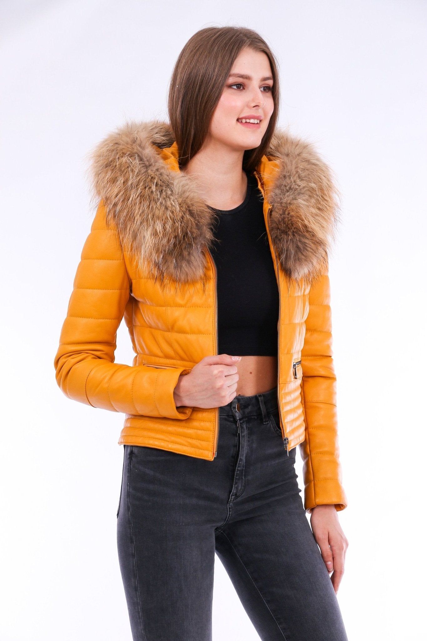 Anoraq Yellow Quilted Leather Jacket - Women's Genuine Nappa Lambskin - Style Queenz