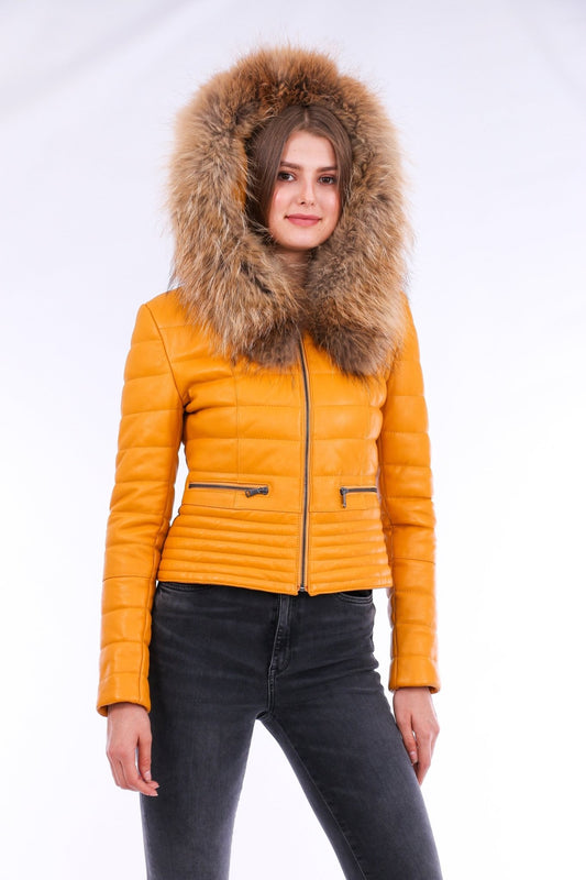 Anoraq Yellow Quilted Leather Jacket - Women's Genuine Nappa Lambskin - Style Queenz
