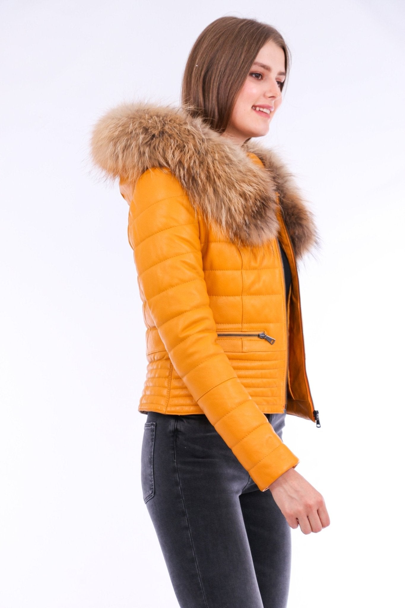Anoraq Yellow Quilted Leather Jacket - Women's Genuine Nappa Lambskin - Style Queenz