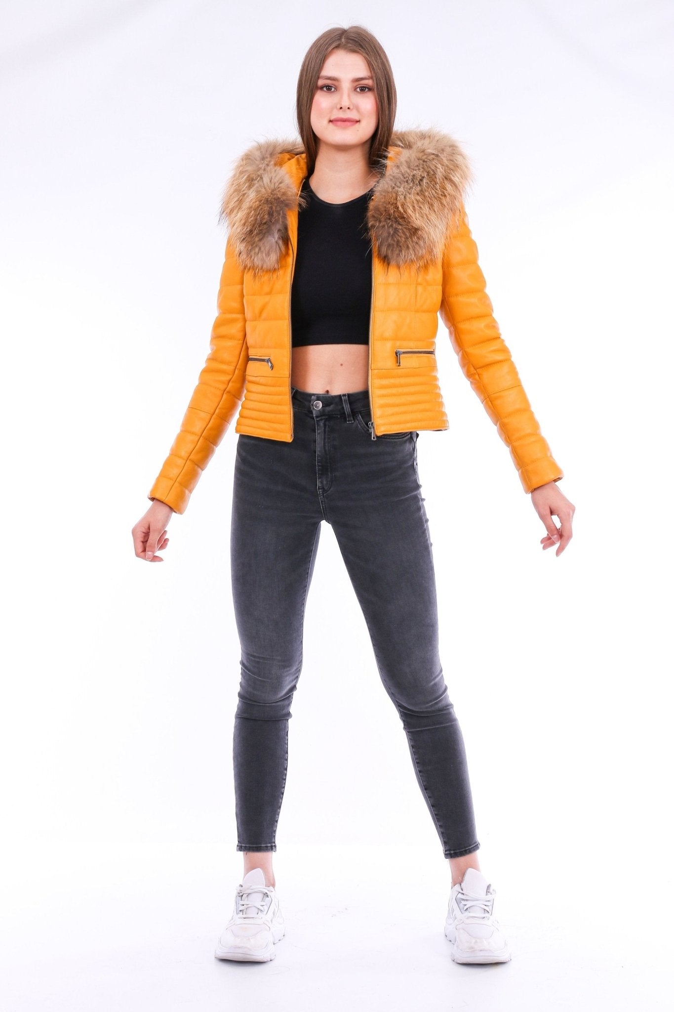Anoraq Yellow Quilted Leather Jacket - Women's Genuine Nappa Lambskin - Style Queenz