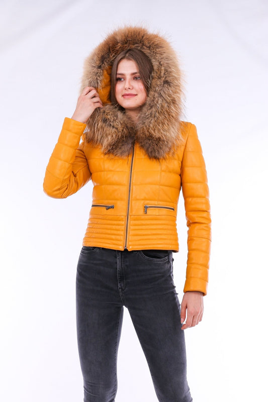 Anoraq Yellow Quilted Leather Jacket - Women's Genuine Nappa Lambskin - Style Queenz
