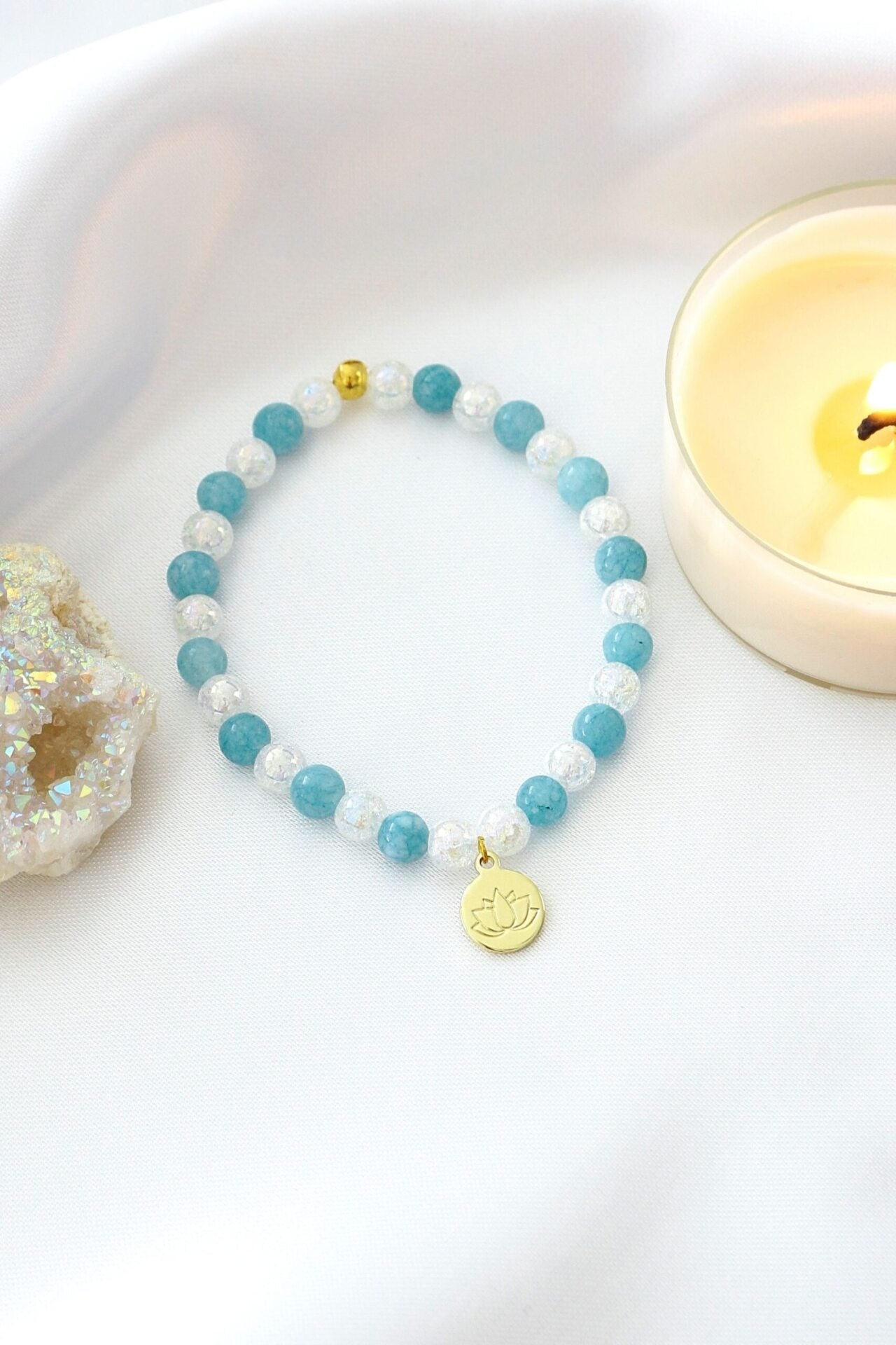 Aquamarine Elastic Bracelet | 24K Lotus Flower Charm - Style Queenz