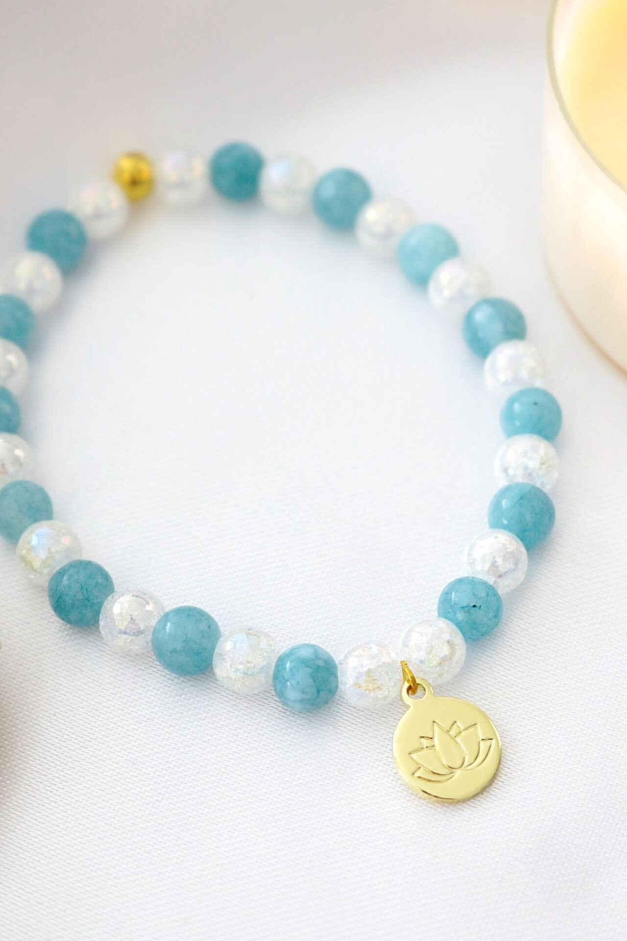 Aquamarine Elastic Bracelet | 24K Lotus Flower Charm - Style Queenz