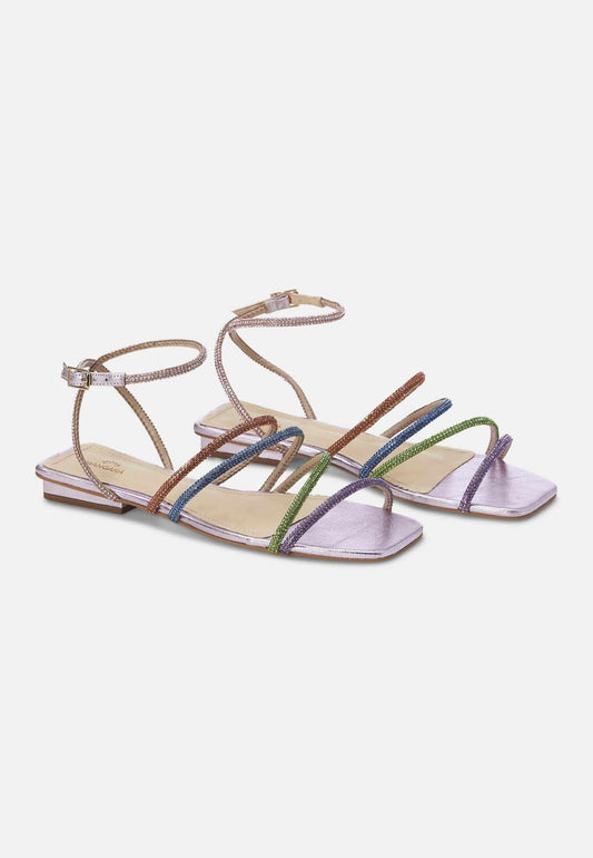 Multicolored sandals with thin straps on a white background