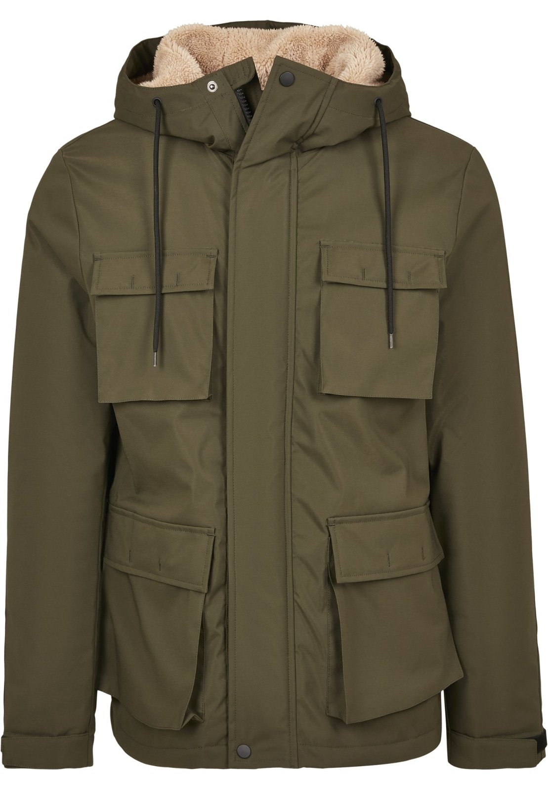 Green parka jacket with multiple pockets and a hood on a white background