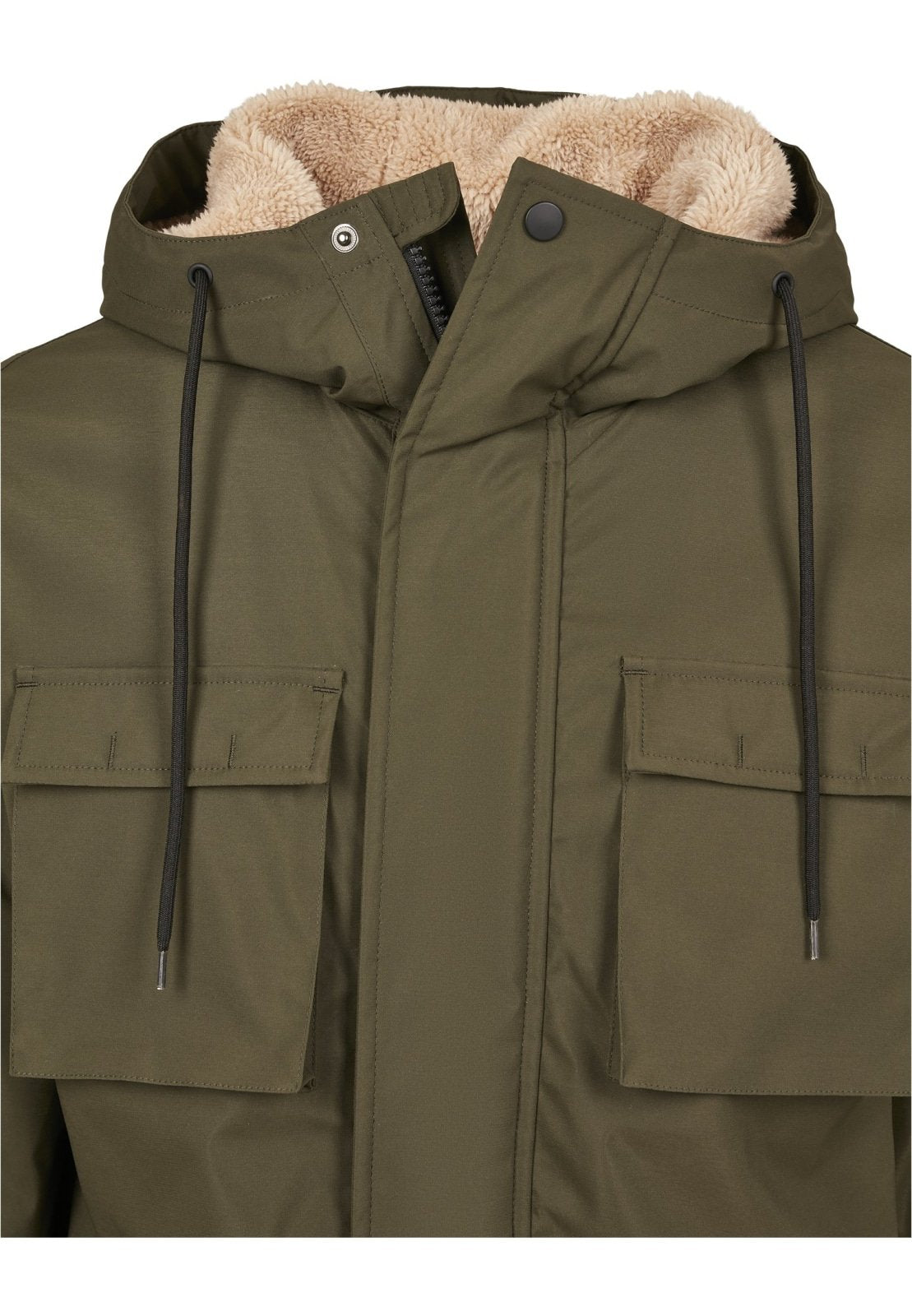 Green parka with beige fur-lined hood on a white background