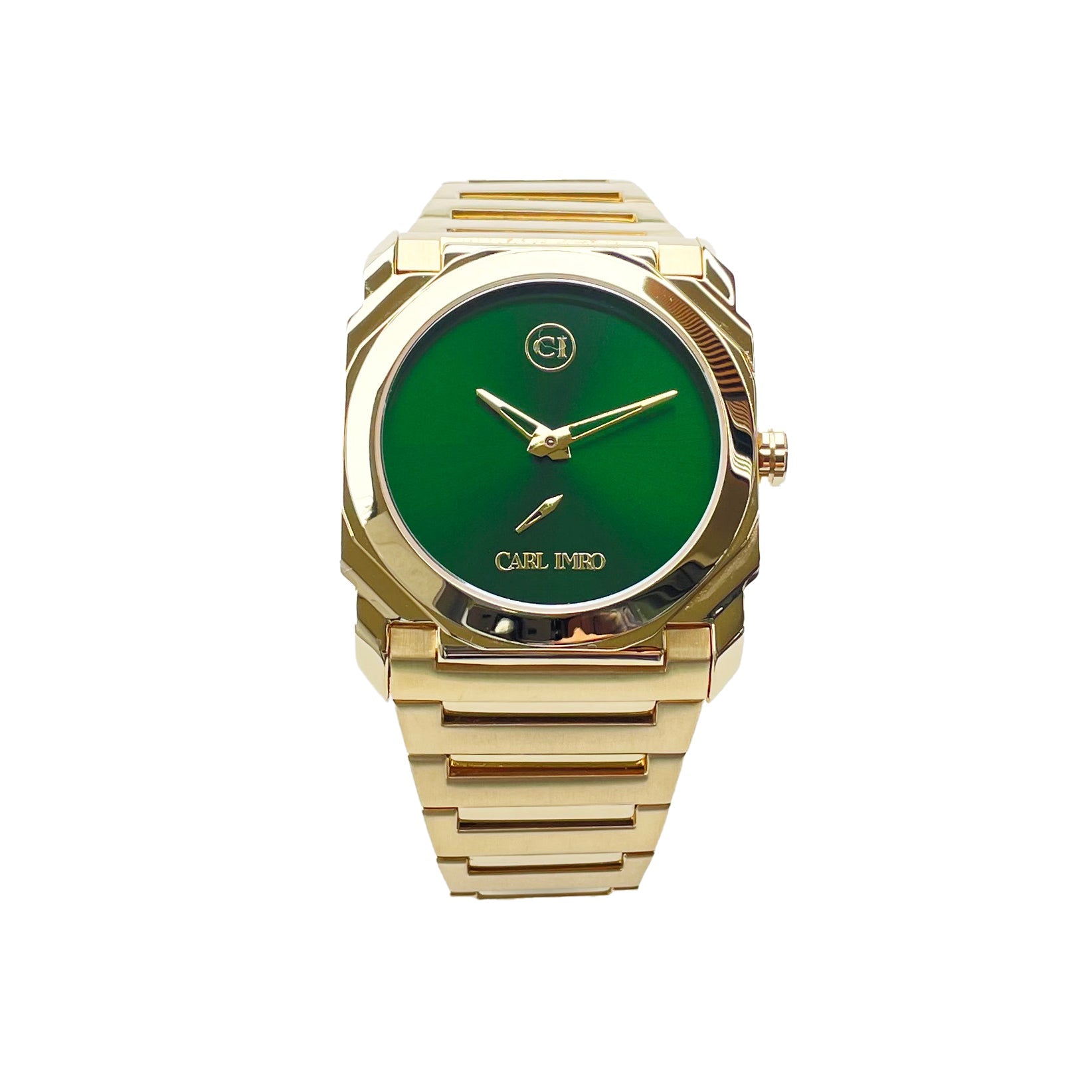 Gold watch with a green face on a white background