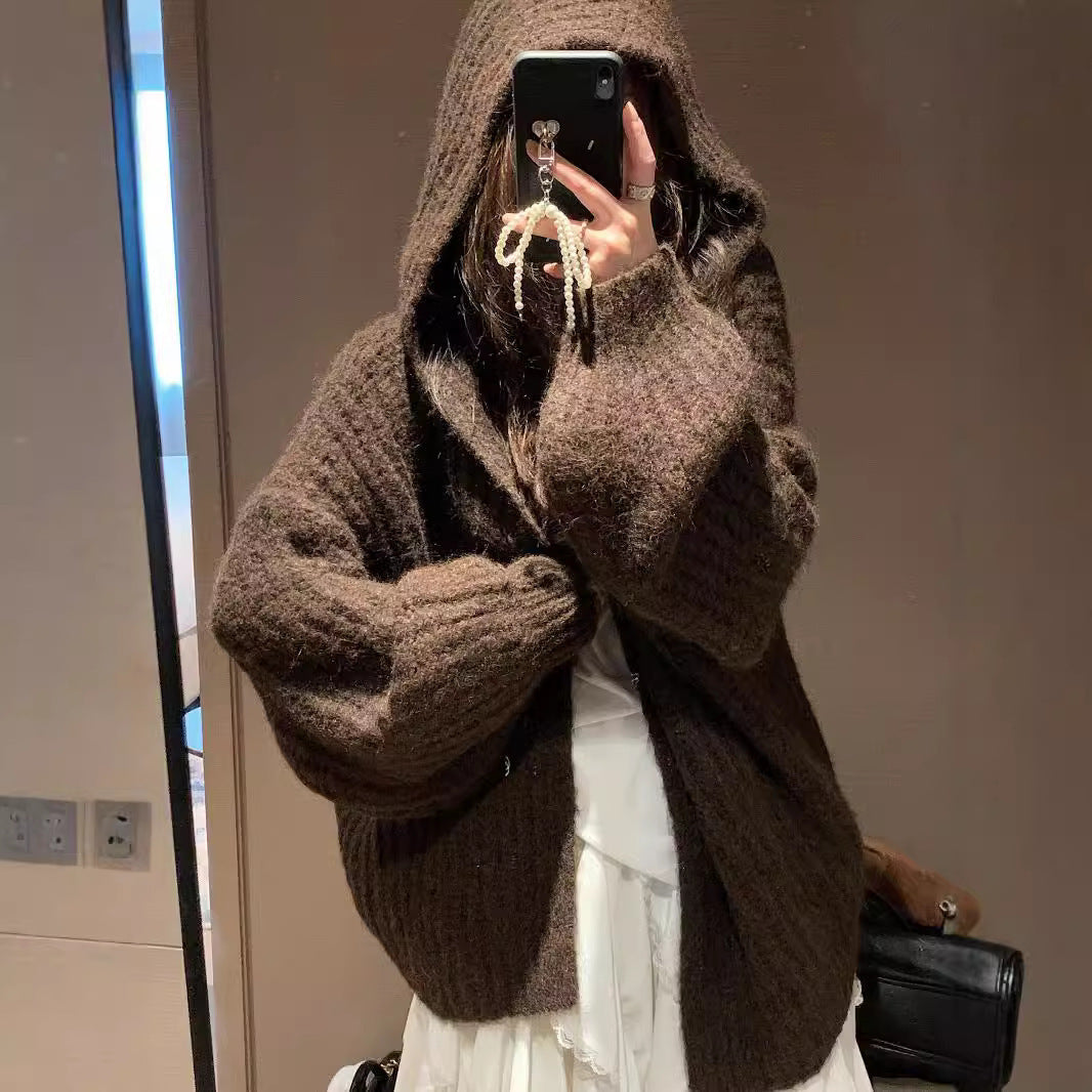 Women's Hooded Cardigan Sweater - Retro Style