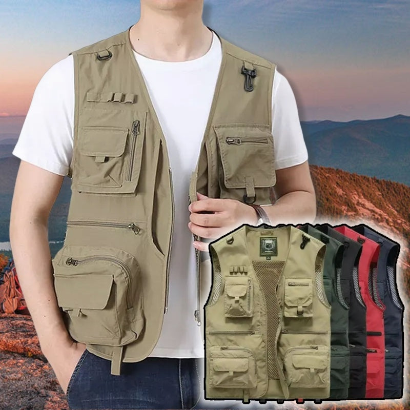 Person wearing a beige vest with multiple pockets against a scenic background, with inset images of different colored vests.