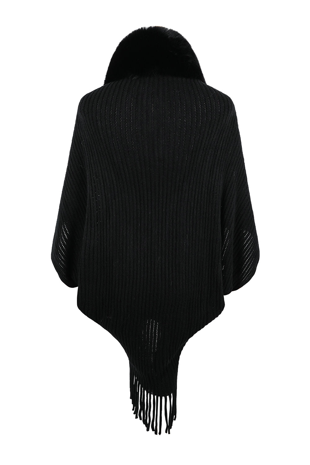 Black poncho with fringe details on a white background