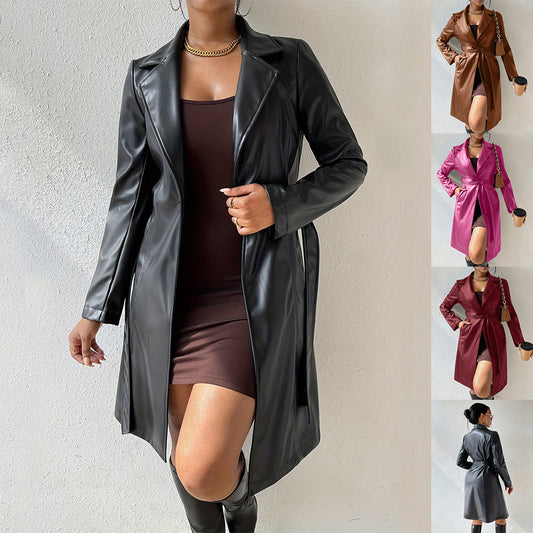 Women's PU Leather Trench Coat with Pockets