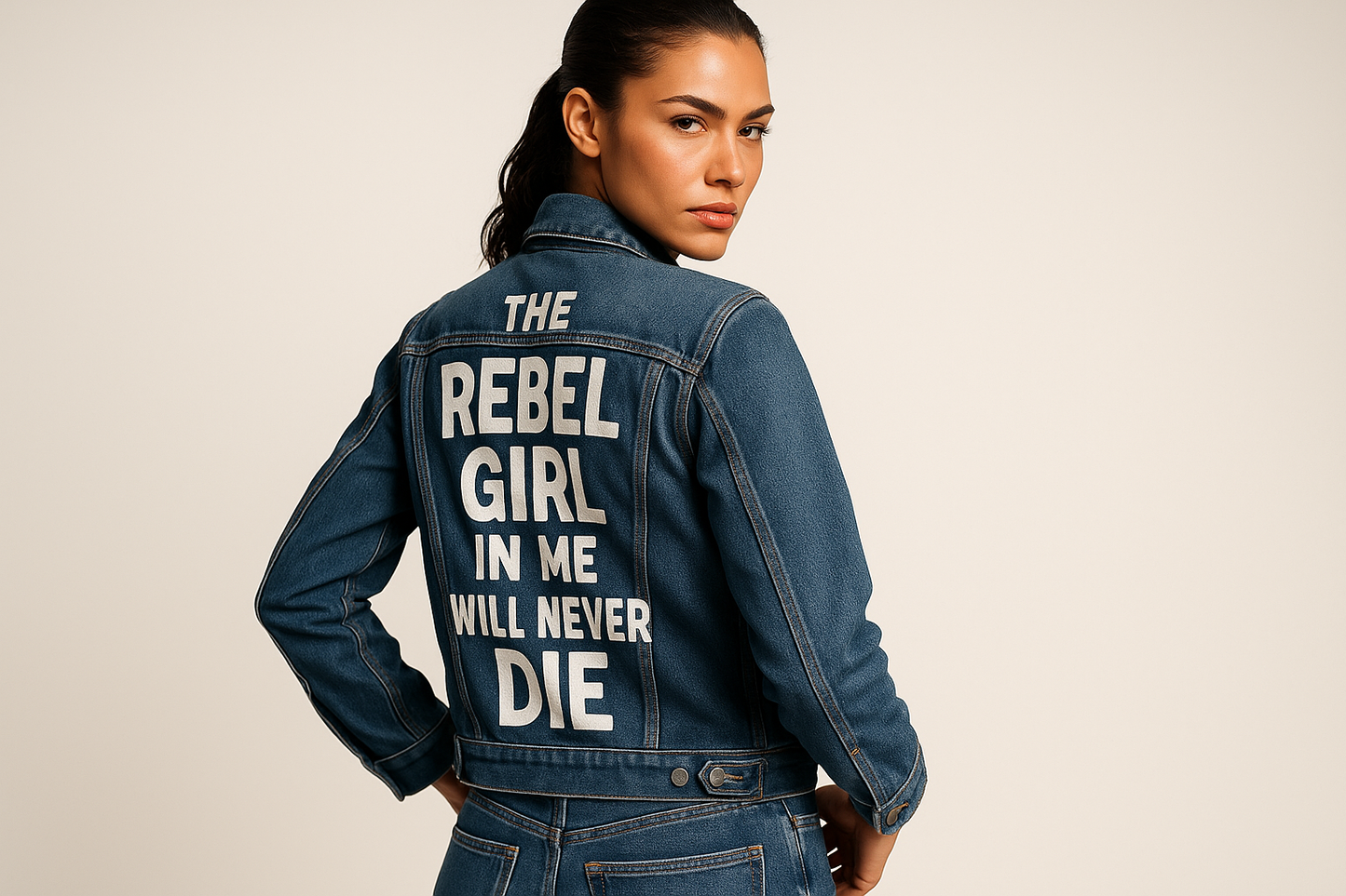 Beautiful model wearing the Rebel Girl denim jacket