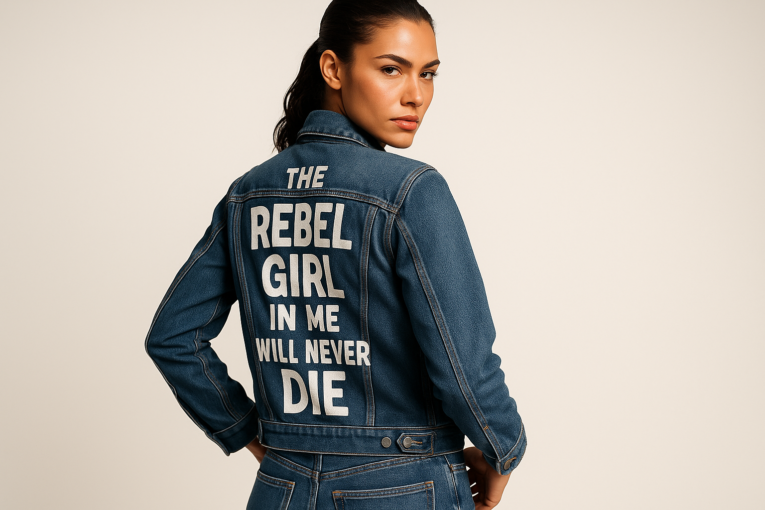 Beautiful model wearing the Rebel Girl denim jacket