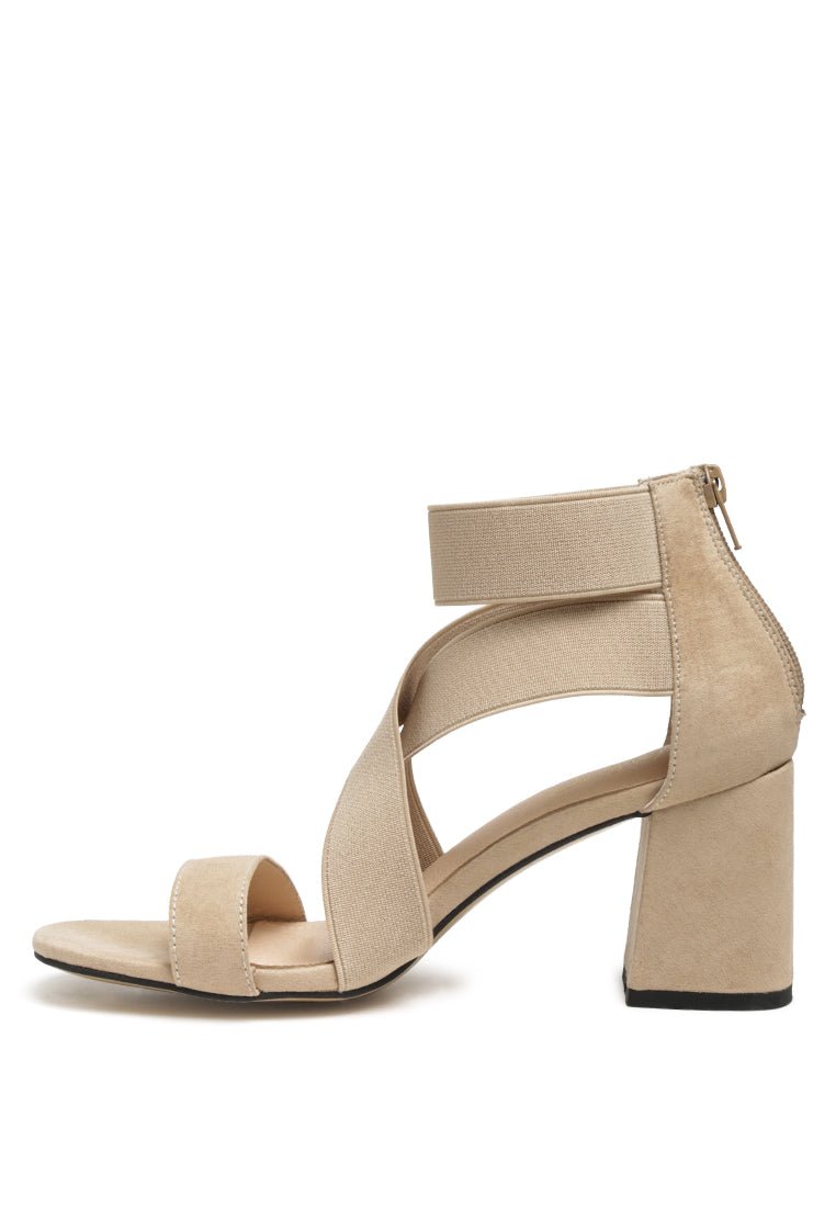 Benicia Strappy Block Heel Sandals - Elastic Strap Open Toe with Back Zipper - Style Queenz