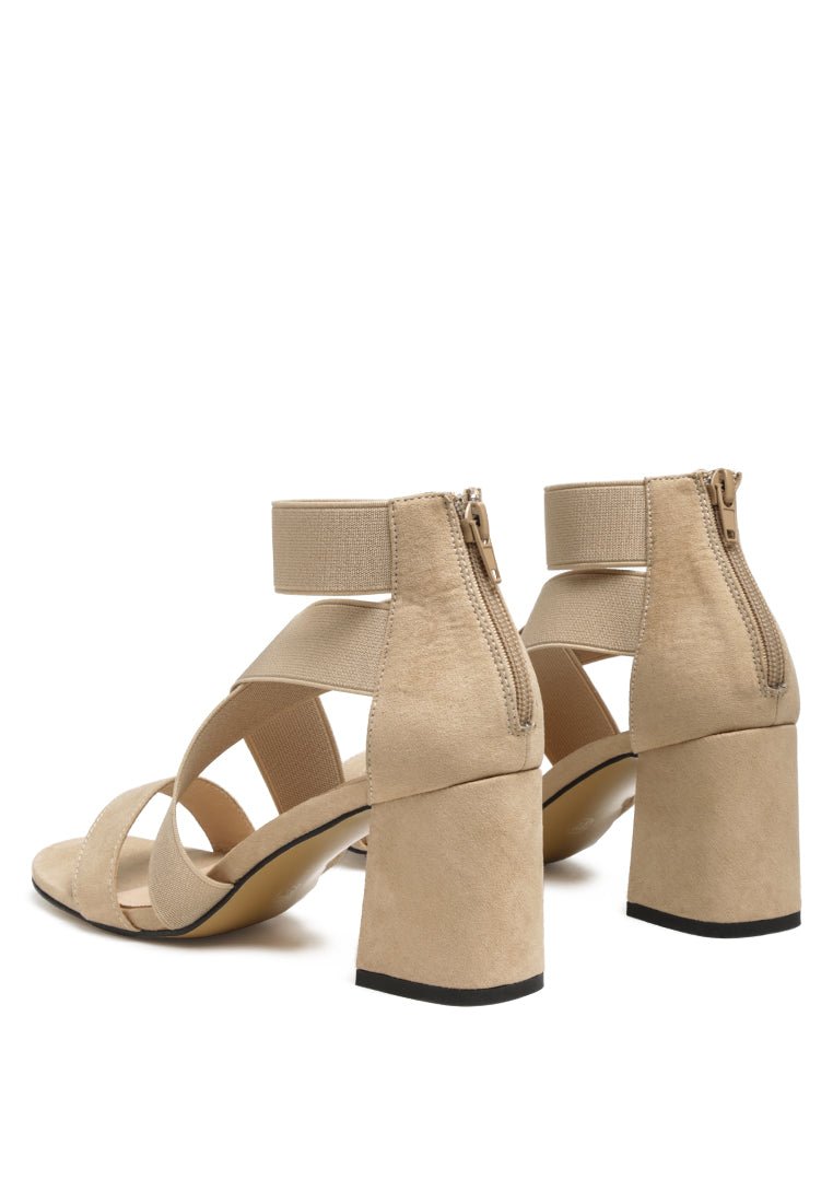 Benicia Strappy Block Heel Sandals - Elastic Strap Open Toe with Back Zipper - Style Queenz