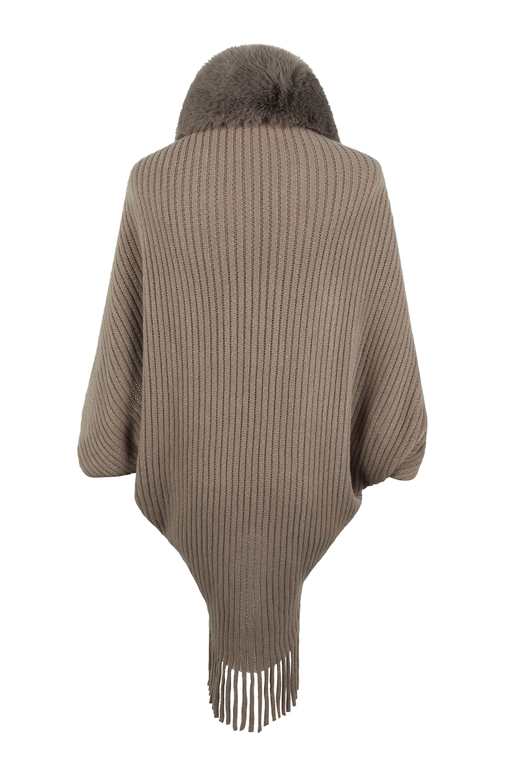 Brown ribbed sweater with fringes on a white background