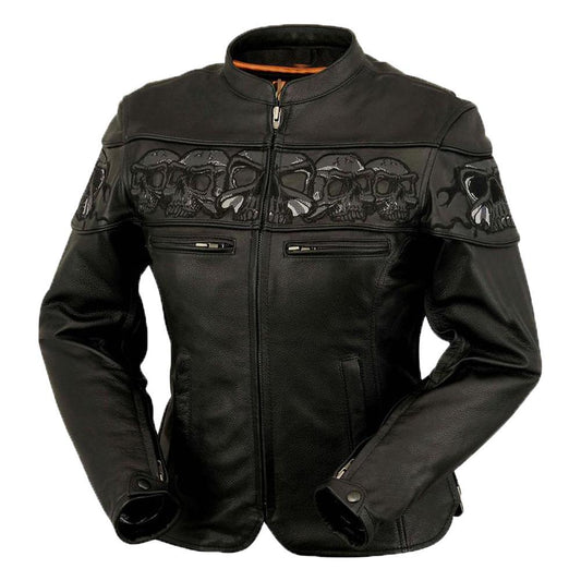 Big Skulls Women's Motorcycle Leather Jacket - Premium Biker Gear - Style Queenz