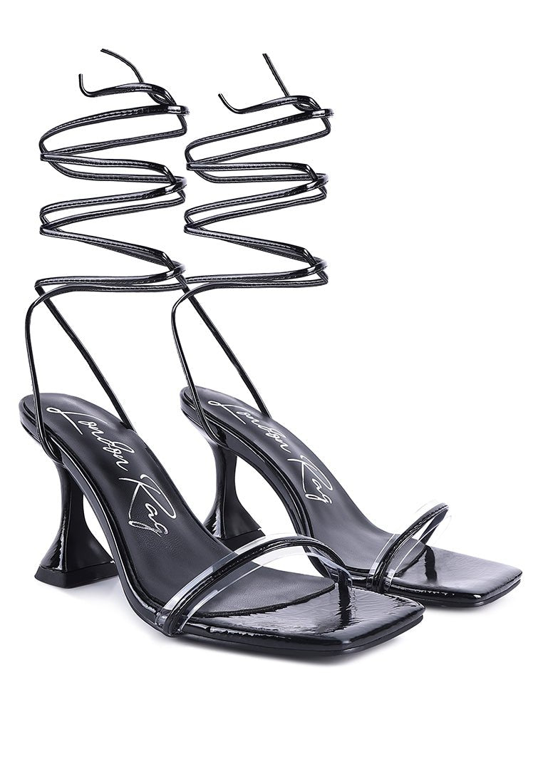 Biten Berry Spool Heel Lace Up Sandals - Patent Croc Mid Heel Summer Shoes - Style Queenz