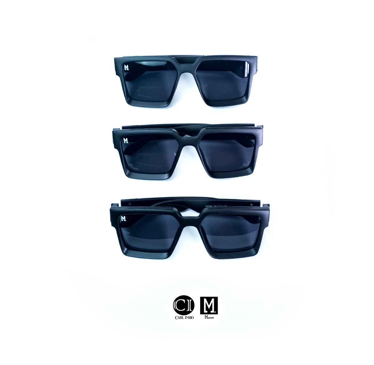 Three pairs of black sunglasses stacked on a white background with a brand logo at the bottom.