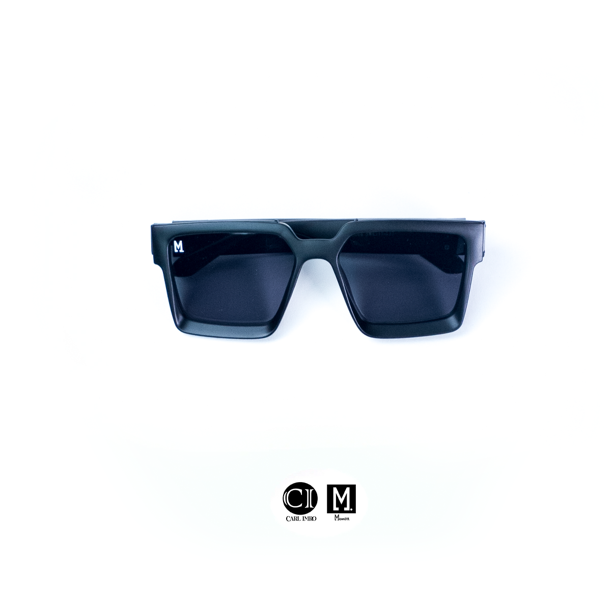 Black sunglasses with a brand logo on a white background