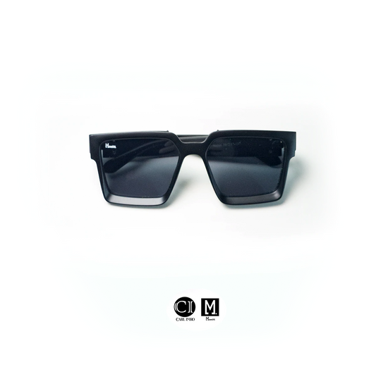 Black sunglasses on a white background with a visible brand logo.