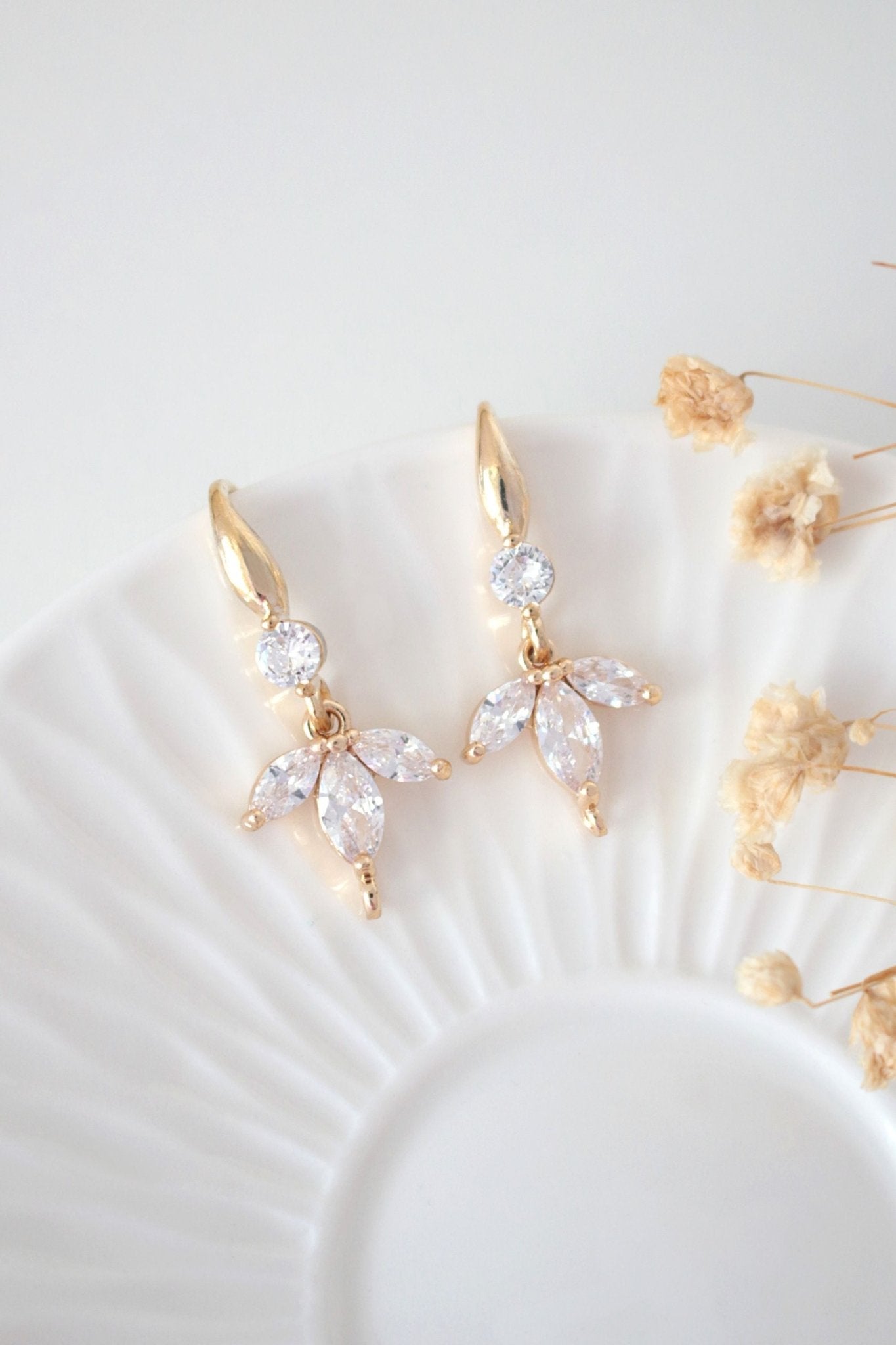 Bloom 24K Gold Flower Petal Earrings - CZ Dangle Hook Earrings with Floral Design - Style Queenz