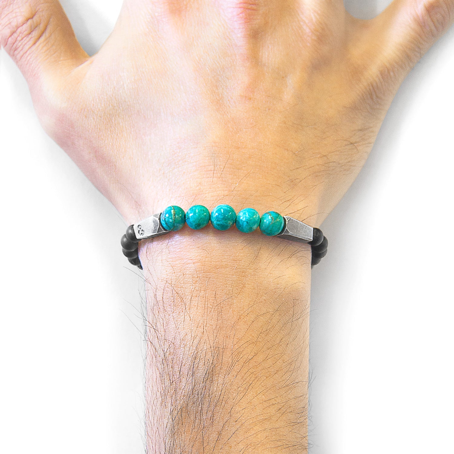 Blue Turquoise Hukou Bracelet - Sterling Silver & Black Agate Beaded Jewelry - Style Queenz