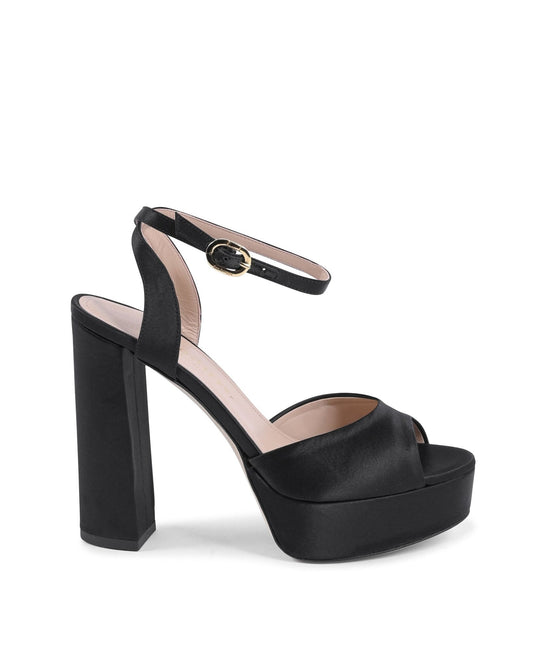 Brigitte Satin Black - Italian Platform Sandals with 13cm Heel and Ankle Strap - Style Queenz