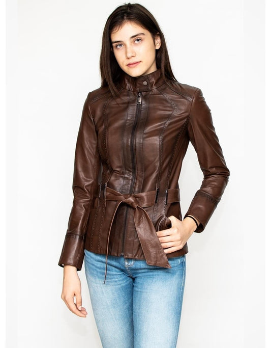 Brown Leather Biker Jacket - Genuine Sheepskin Motorcycle Jacket for Women - Style Queenz