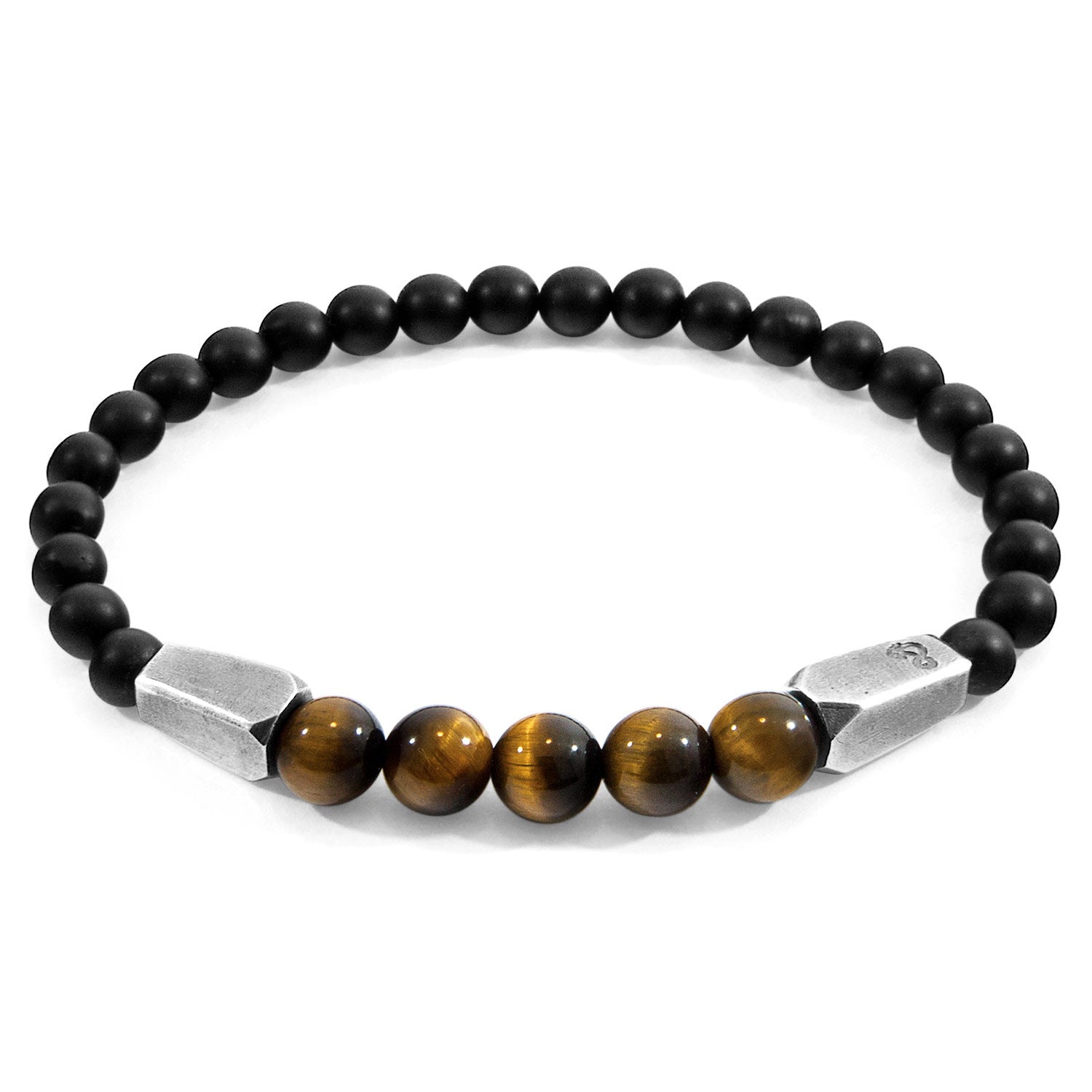 Brown Tigers Eye Hukou Bracelet - Sterling Silver & Black Agate Beaded Jewelry - Style Queenz
