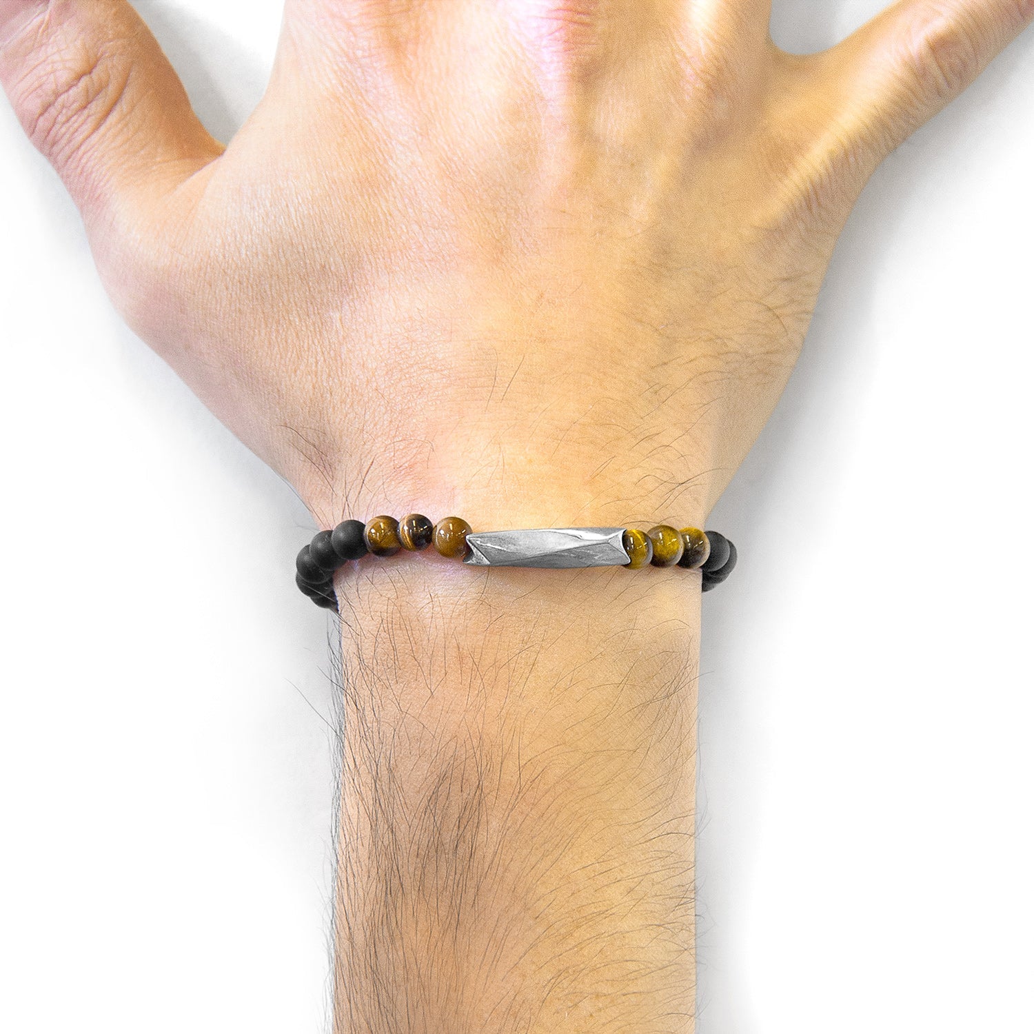 Brown Tigers Eye Orinoco Bracelet - Sterling Silver & Black Agate Beaded Jewelry - Style Queenz