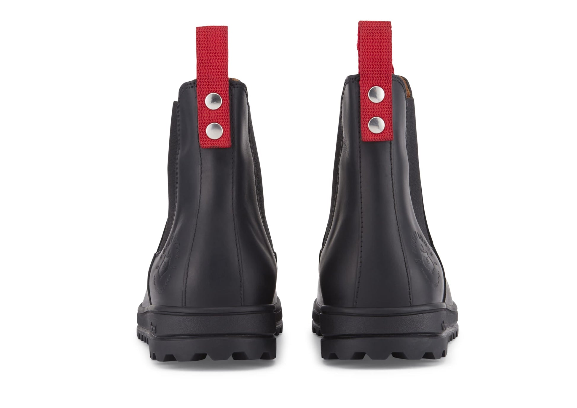 Black rain boots with red straps on a white background