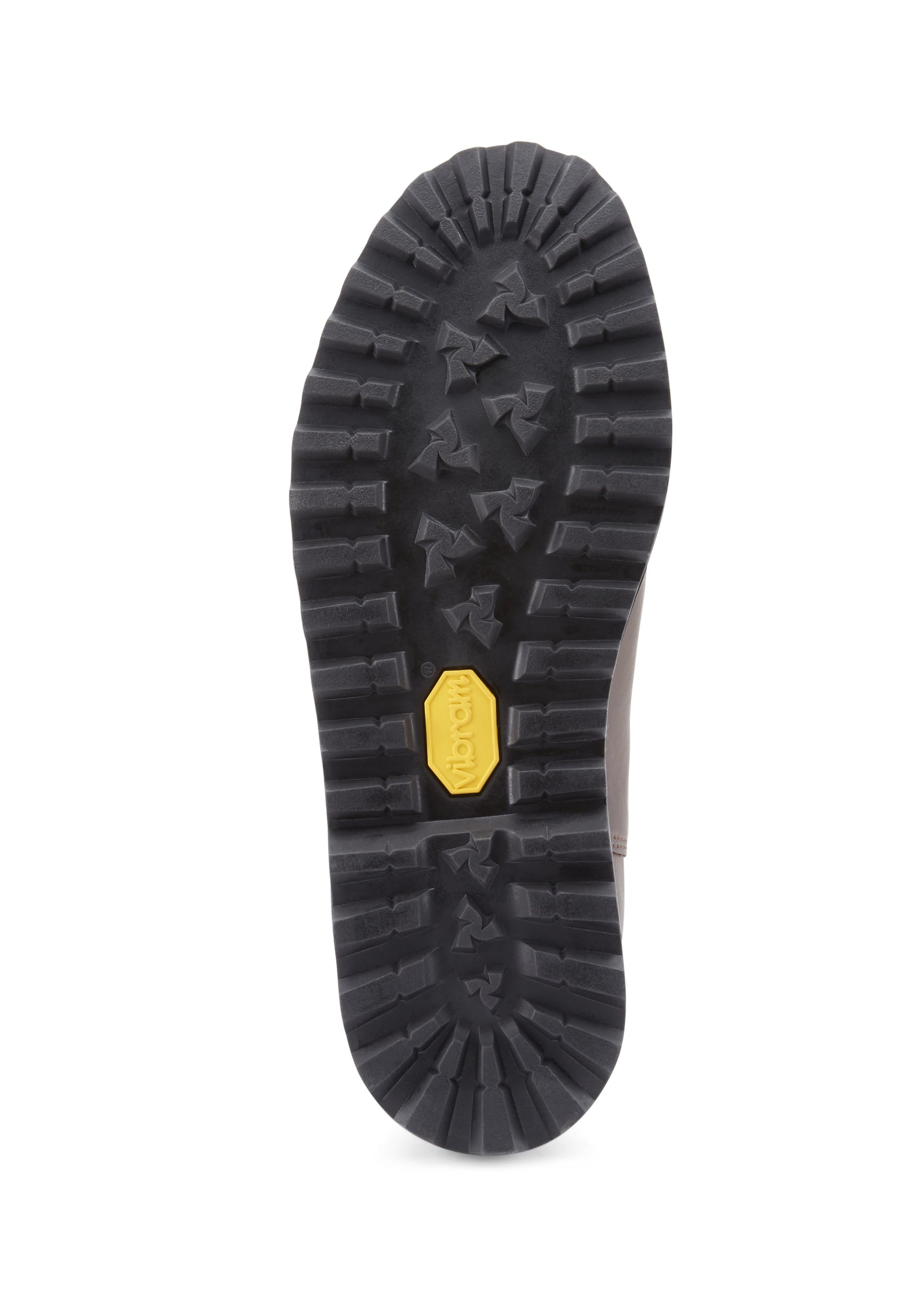 Close-up of a black rubber sole with a yellow heel tab on a white background