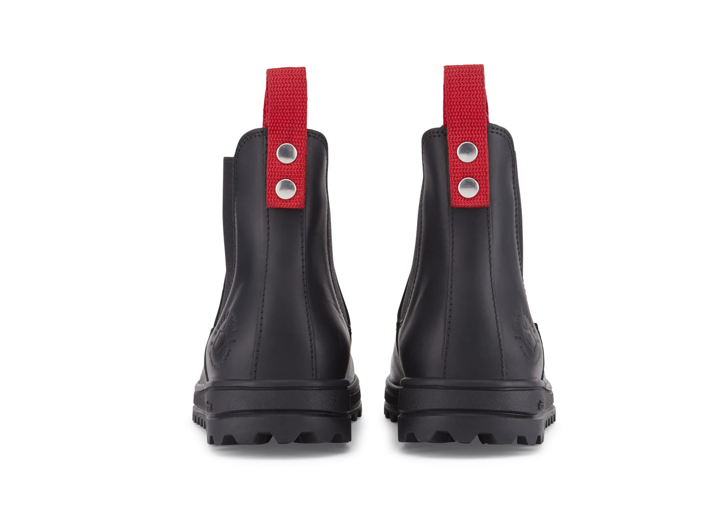 Black rain boots with red straps on a white background