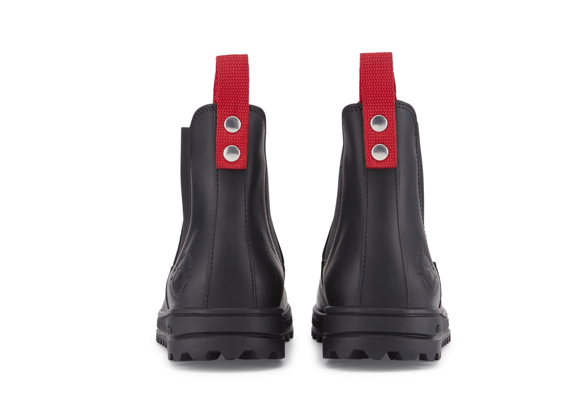 Black rain boots with red straps on a white background