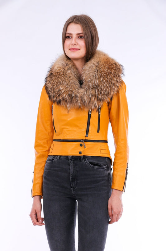 Buttagi Yellow Leather Biker Jacket - Women's Genuine Nappa Lambskin - Style Queenz