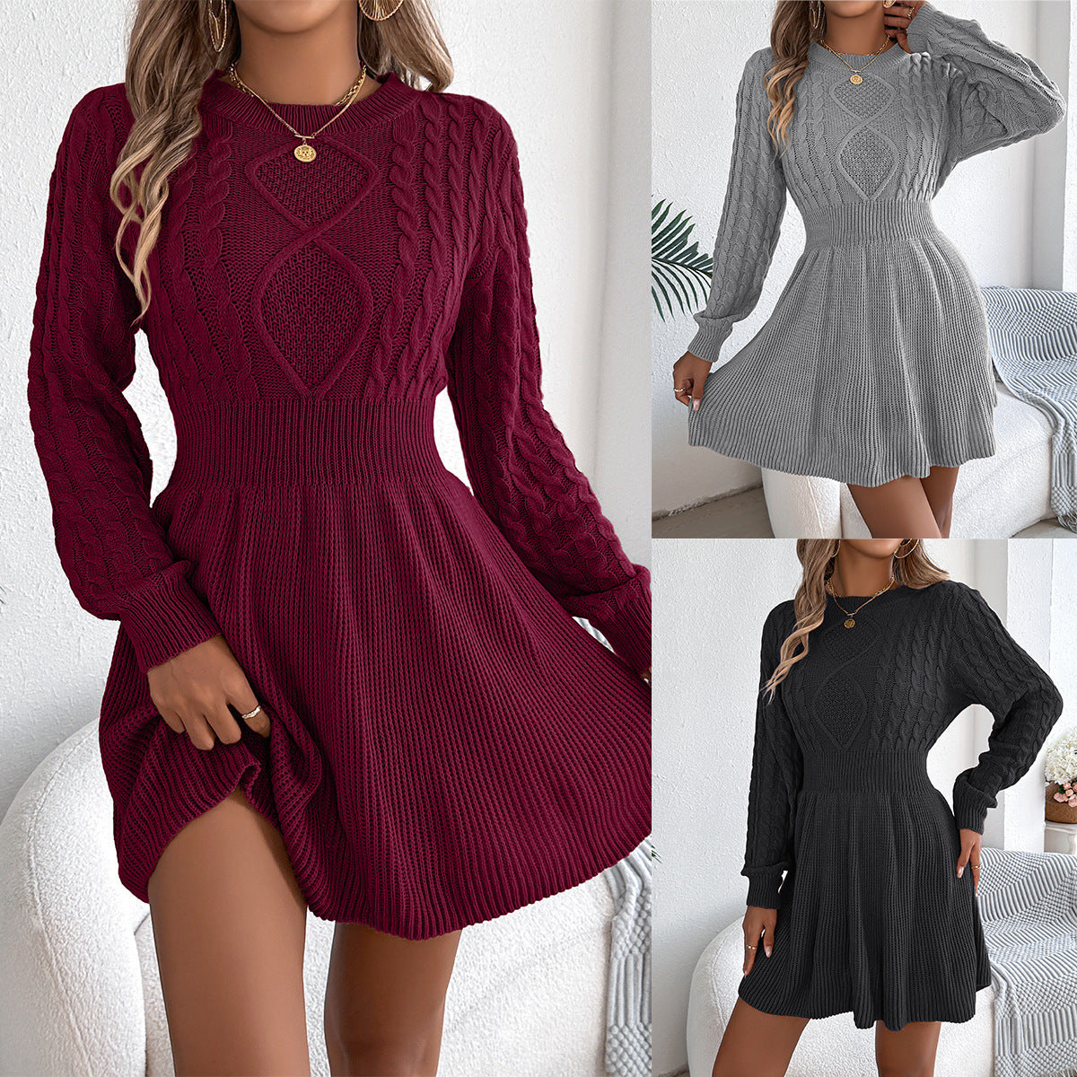 Women's Long Sleeve Sweater Dress with Waist Tie